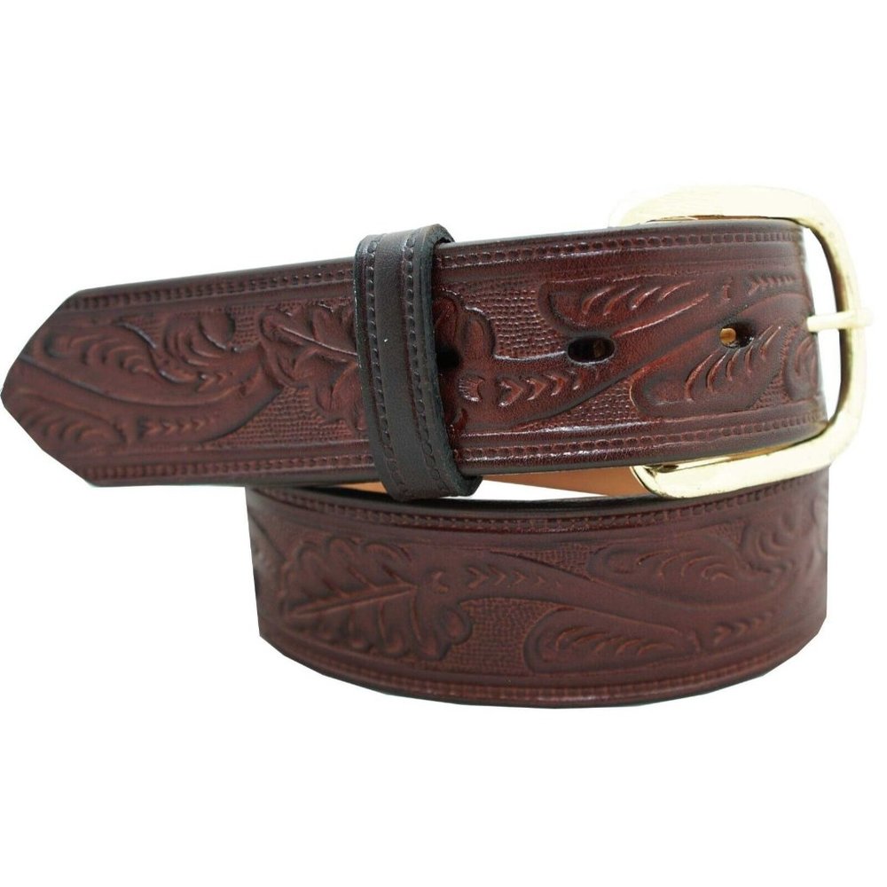Men's Casual Belt Size 54 Brown 1 1/2" Oak Leaf Embossed Western Style Belt NEW